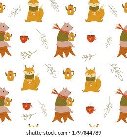 Cute seamless pattern with funny cute bears, teacups, teapots and umbrellas. Autumn vibes, vector illustration.