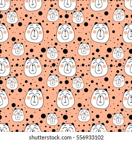 Cute seamless pattern with funny bears. Template for birthdays cards, childish posters, fabric design, paper design, textiles, background, stickers, greeting, planner, diary, notes. Vector Isolated.