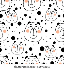 Cute seamless pattern with funny bears. Template for birthdays cards, childish posters, fabric design, paper design, textiles, background, stickers, greeting, planner, diary, notes. Vector Isolated.