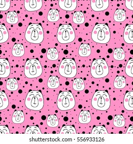 Cute seamless pattern with funny bears. Template for birthdays cards, childish posters, fabric design, paper design, textiles, background, stickers, greeting, planner, diary, notes. Vector Isolated.