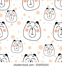 Cute seamless pattern with funny bears. Template for birthdays cards, childish posters, fabric design, paper design, textiles, background, stickers, greeting, planner, diary, notes. Vector Isolated.