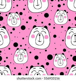 Cute seamless pattern with funny bears. Template for birthdays cards, childish posters, fabric design, paper design, textiles, background, stickers, greeting, planner, diary, notes. Vector Isolated.
