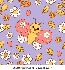 Cute seamless pattern with funny butterfly character on purple background with flowers and hearts. Groovy vector Illustration for wallpaper, design, textile, packaging, decor. Kids collection