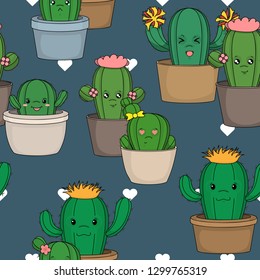 Cute seamless pattern with funny cactuses for your design. Vector.