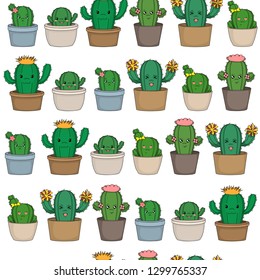 Cute seamless pattern with funny cactuses for your design. Vector.