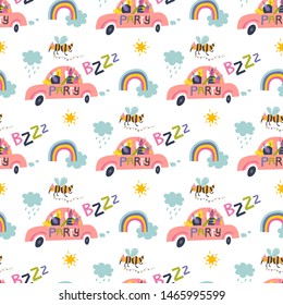 Cute seamless pattern with funny cartoon bugs in the car with the inscription Party and B z z z. Vector illustration for kids print, fabric design. Nursery decoration