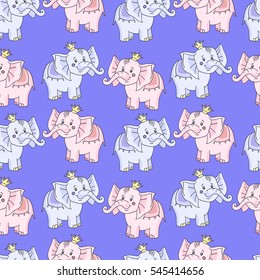 Cute seamless pattern with  funny cartoon baby pink elephant with yellow crown on a blue background.Vector illustration for children.Print for fabric,textile,paper.