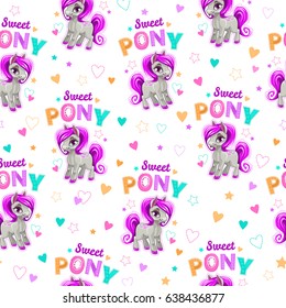 Cute Seamless Pattern With Funny Cartoon Pony And Hearts On White Background. Vector Girlish Texture.