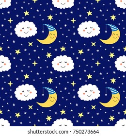 Cute seamless pattern with funny cartoon characters of sleeping moon, stars and clouds
