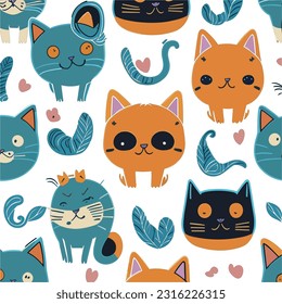 Cute seamless pattern with funny cat heads, for textile, wrapping paper, baby fabric and background