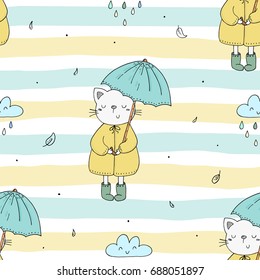 Cute seamless pattern with funny cat and umbrella. vector print.