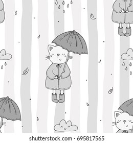Cute seamless pattern with funny cat and umbrella. vector print.