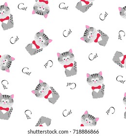 Cute seamless pattern with funny cat, grey striped little kitten with pink ears and red bow on white background. Random images and word print, for baby, children, kids pattern, textile fabric, paper.
