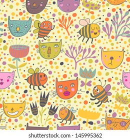 Cute seamless pattern with funny cats and bees in flower garden. Vector spring texture with pets. Birthday design