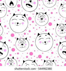 Cute seamless pattern with funny cats. Template for birthdays cards, childish posters, fabric design, paper design, textiles, background, stickers, greeting, planner,  diary, notes. Vector Isolated.