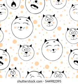 Cute seamless pattern with funny cats. Template for birthdays cards, childish posters, fabric design, paper design, textiles, background, stickers, greeting, planner,  diary, notes. Vector Isolated.