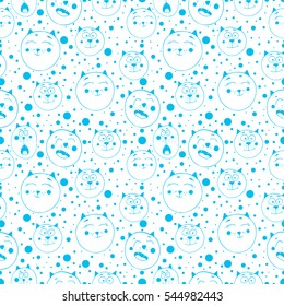 Cute seamless pattern with funny cats. Template for birthdays cards, childish posters, fabric design, paper design, textiles, background, stickers, greeting, planner,  diary, notes. Vector Isolated.