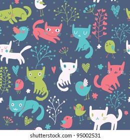 Cute seamless pattern with funny cats and birds