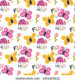 Cute seamless pattern with funny colorful butterflies in cartoon style. Vector illustration for kids brend, fabric design, card, poster. Nursery decoration
