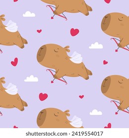 Cute seamless pattern with funny cupid capybara