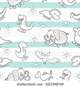 Cute seamless pattern with funny dinosaurs. vector illustration.