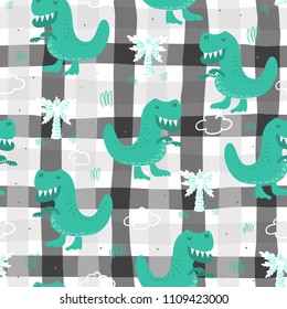 Cute seamless pattern with funny dinosaurs. vector illustration.