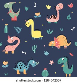 Cute seamless pattern with funny dinosaurs. Child drawing style cartoon illustration. Design for fabric, textile, decor. Vector illustration.