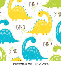 Cute seamless pattern with funny dinosaurs. vector illustration.