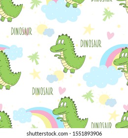 Cute seamless pattern with funny dinosaurs. vector illustration.