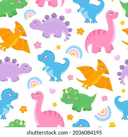 Cute seamless pattern with funny dinosaurs, hearts, rainbows, stars and flowers. Baby vector Illustration in cartoon style. Colorful childish repeated background with characters perfect for wallpaper