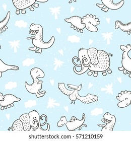 Cute seamless pattern with funny dinosaurs. vector illustration