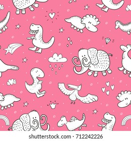 Cute seamless pattern with funny dinosaurs. vector illustration