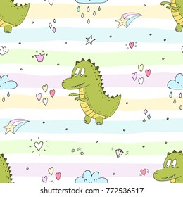 Cute seamless pattern with funny dinosaurs. vector illustration