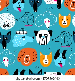 Cute seamless pattern with funny dogs on a blue background. Creative childish texture for fabric, wrapping, textile, wallpaper, apparel. Vector illustration.