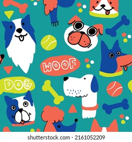 Cute seamless pattern with funny dogs on a blue background. Creative childish texture for fabric, wrapping, textile, wallpaper, apparel. Vector illustration.