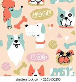 Cute seamless pattern with funny dogs on a blue background. Creative childish texture for fabric, wrapping, textile, wallpaper, apparel. Vector illustration.