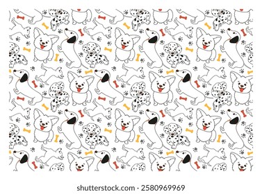 Cute seamless pattern with funny dogs - characters with happy faces. Vector pattern for fabric, cover, wrapping paper.