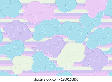 Cute seamless pattern with funny doodle clouds for prints, designs and coloring books. Japanese, chinese elements. Seamless Pattern, Cartoon Vector Illustration, Nursery Background for Kid. 
