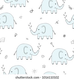 Cute seamless pattern with funny elephant. vector illustration.