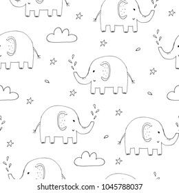 Cute Seamless Pattern With Funny Elephant. Vector Illustration