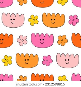 Cute seamless pattern with funny flowers and faces. Kid core aesthetic. Colorful vector groovy background