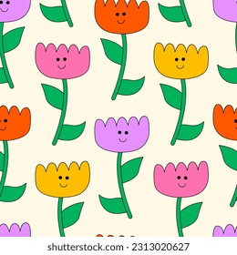 Cute seamless pattern with funny flowers and faces. Kid core aesthetic. Colorful vector groovy background