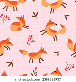 Cute seamless pattern with funny foxes leaves and berries on a checkered background. Perfect for textile, wallpaper or other surfaces. Cute childish background in vector.