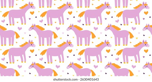 Padrão perfeito bonito com cavalos e corações engraçados. Amor e pônei