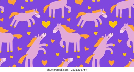 Cute seamless pattern with funny horses and hearts. Love and pony