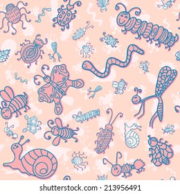 Cute seamless pattern with funny insects. Vector illustration.
