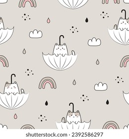 Cute Seamless Pattern with Funny  Kawaii Cat and Umbrella in the sky. Childish Doodle Cartoon Animals Background. Vector illustration