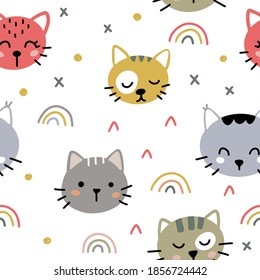 Cute nahtlose Muster mit lustigen Kätzchen und Regenbögen im skandinavischen Stil einzeln auf weißem Hintergrund, Vektorgrafik. Handgezeichnet süßer, bunter Druck mit abstrakten Elementen.
