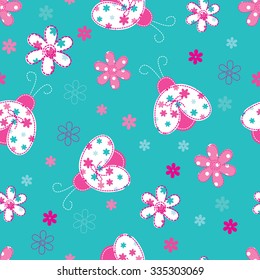 Cute seamless pattern with funny ladybugs and flowers