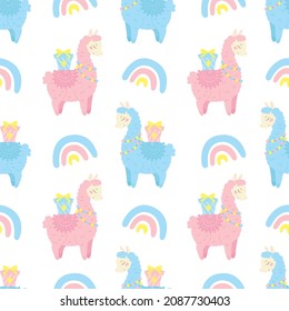 Cute seamless pattern with funny lama, gifts and rainbows. Baby vector Illustration in cartoon style. Colorful childish repeated background with alpaca perfect for wallpaper, textile, wrapping paper